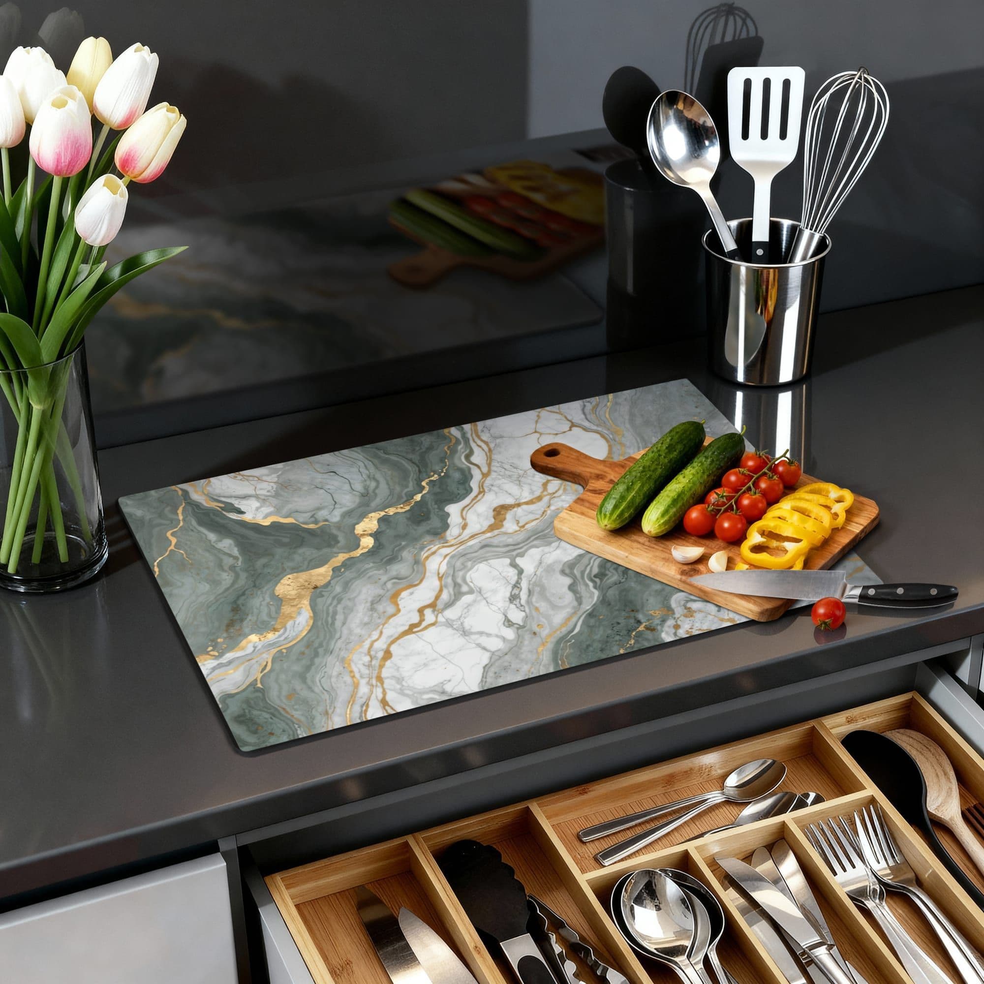 Luxurious Marble Green Inductiebeschermer, productfoto 1