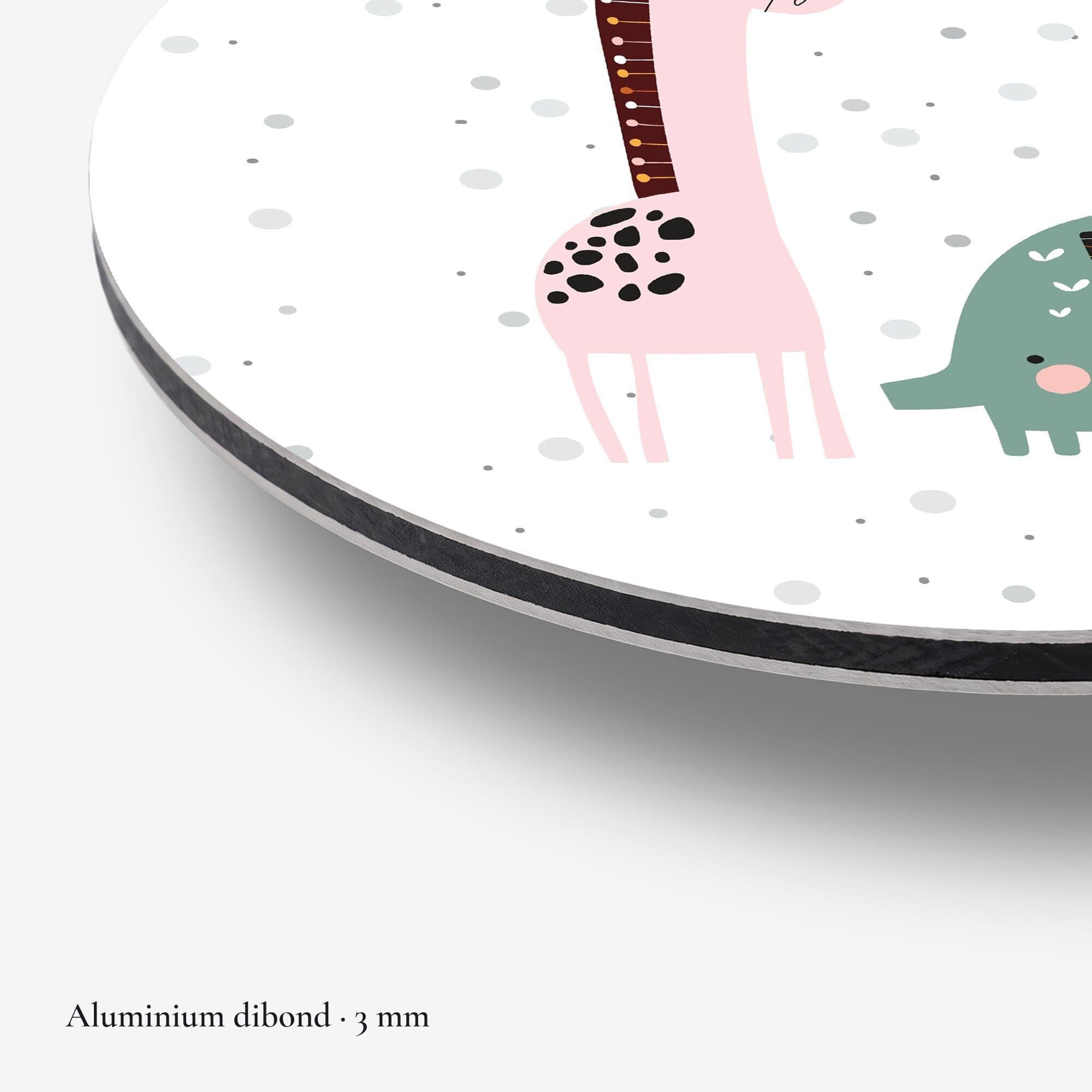 Giraffe & Olifant Vriendjes Muurcirkel, detail rand dibond