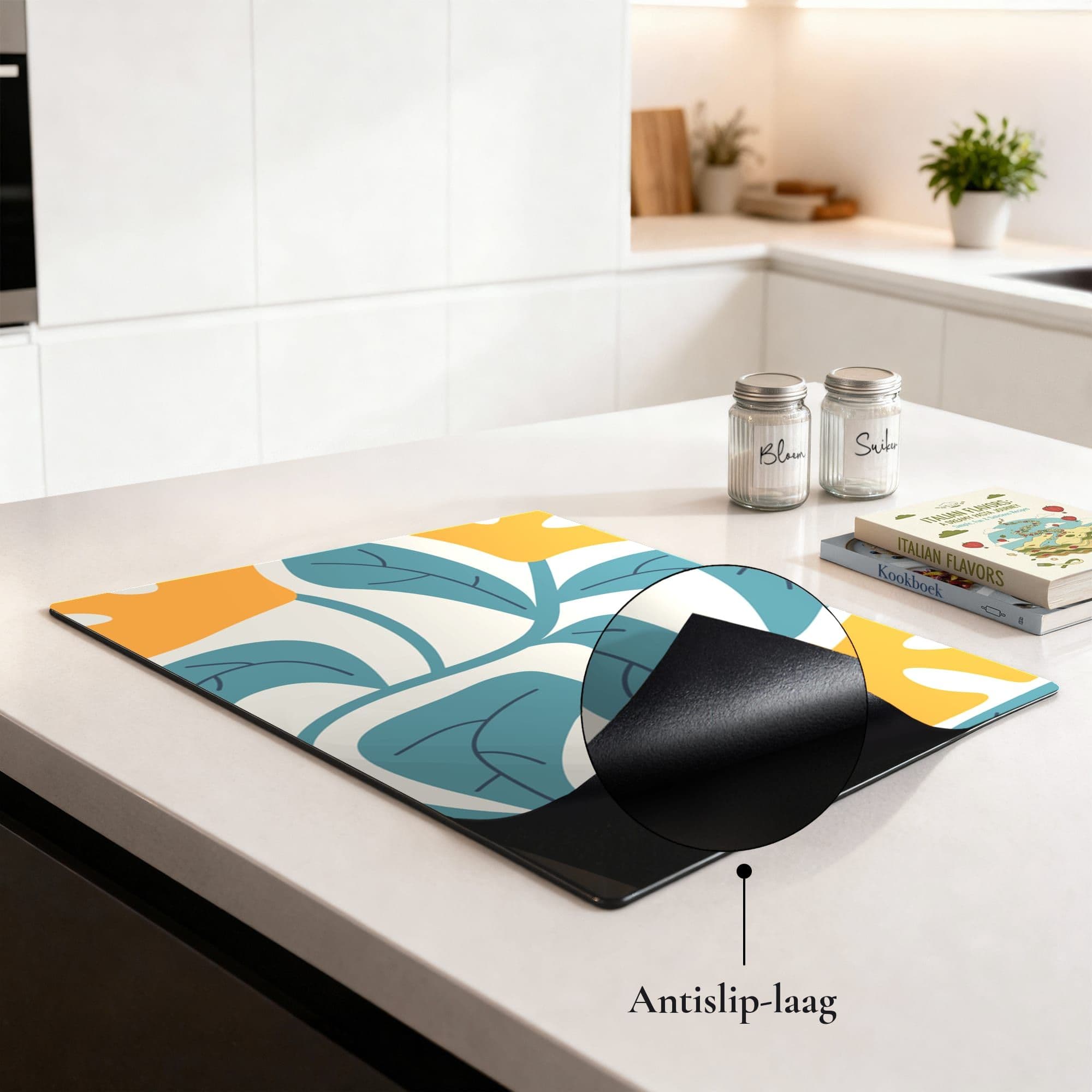 Botanical Leaf Teal Inductiebeschermer, sfeer aanrecht